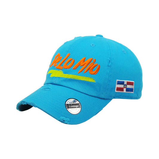 De lo mio embroidered Logo Vintage Hats (Neon Blue - Full Color) Peligro Sports