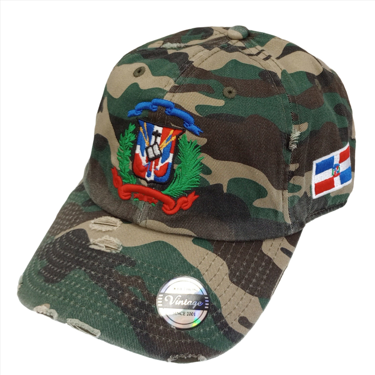 Dominican Republic Embroidered Vintage Dad Hat – Distressed Adjustable Cotton Baseball Cap with Dominican Shield Flag Peligro Sports