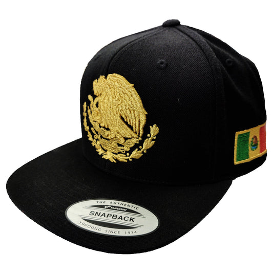 Embroidered Shield and flag SnapBack Mexico Black - Gold Hat Peligro Sports