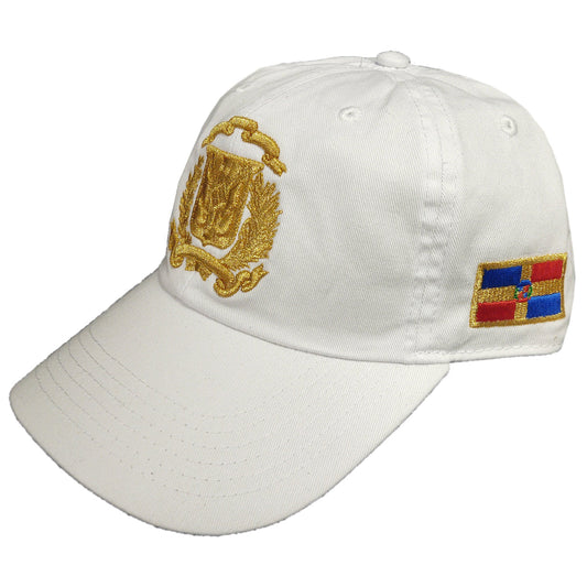 Escudo Republica Dominicana - Dominican Shield White / Metallic Gold Color Dad Hat Peligro Sports