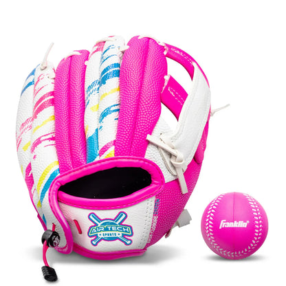 Franklin Sports Air Tech T-Ball Fielding Glove and Mitts with Ball - White /Pink Peligro Sports
