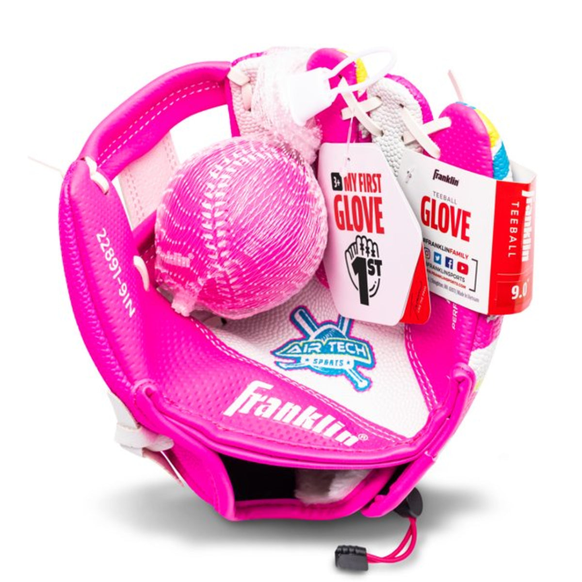 Franklin Sports Air Tech T-Ball Fielding Glove and Mitts with Ball - White /Pink Peligro Sports
