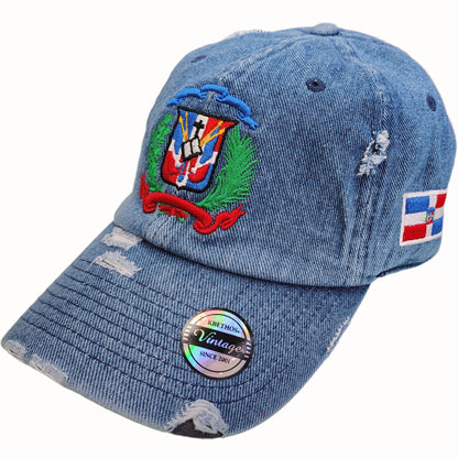 Dominican Republic Embroidered Vintage Dad Hat – Distressed Adjustable Cotton Baseball Cap with Dominican Shield Flag Peligro Sports