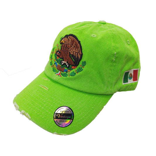Mexico Vintage Hats With Mexican Flag and Shield Neon Green Hat Peligro Sports