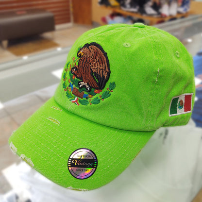 Mexico Vintage Hats With Mexican Flag and Shield Neon Green Hat Peligro Sports