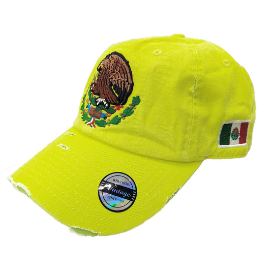 Mexico Vintage Hats With Mexican Flag and Shield Neon Lime Hat Peligro Sports