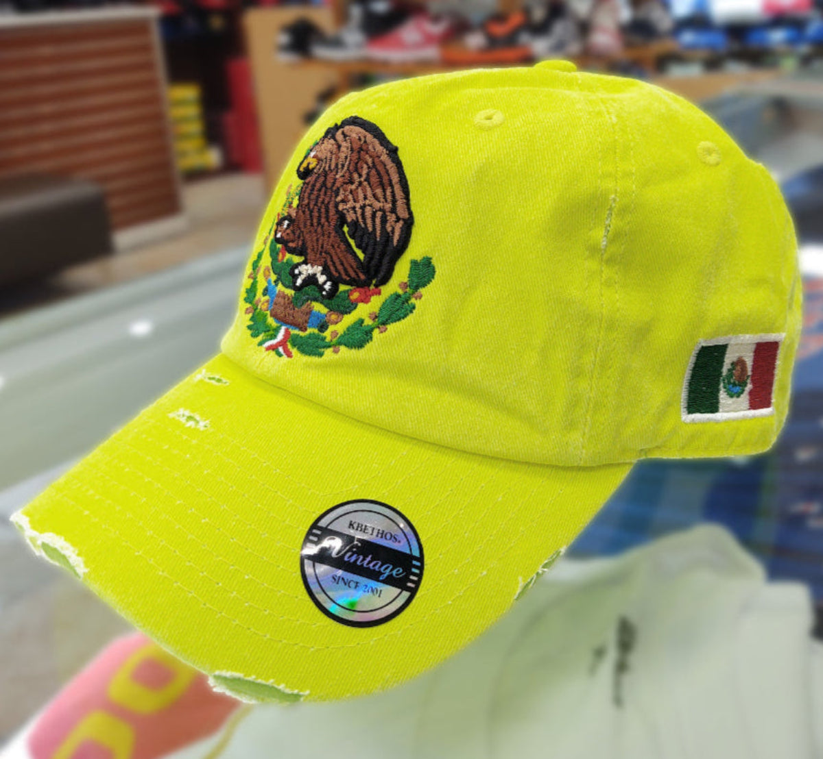 Mexico Vintage Hats With Mexican Flag and Shield Neon Lime Hat Peligro Sports