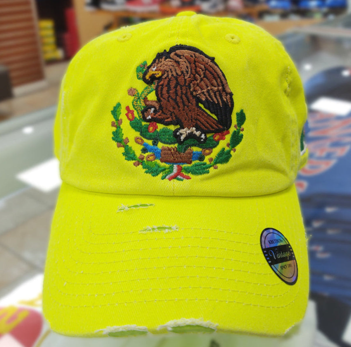Mexico Vintage Hats With Mexican Flag and Shield Neon Lime Hat Peligro Sports