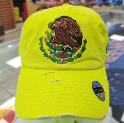Mexico Vintage Hats With Mexican Flag and Shield Neon Lime Hat Peligro Sports