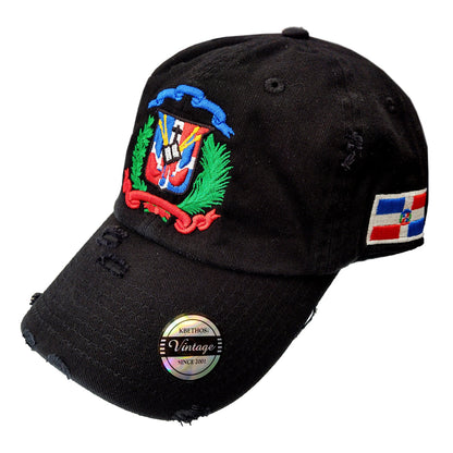 Dominican Republic Embroidered Vintage Dad Hat – Distressed Adjustable Cotton Baseball Cap with Dominican Shield Flag Peligro Sports