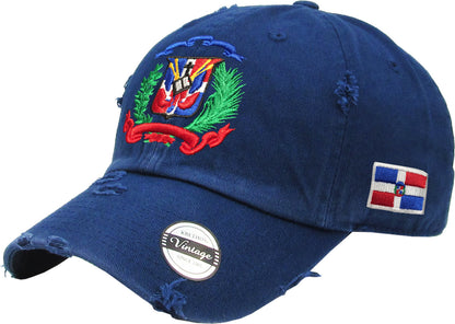 Dominican Republic Embroidered Vintage Dad Hat – Distressed Adjustable Cotton Baseball Cap with Dominican Shield Flag Peligro Sports