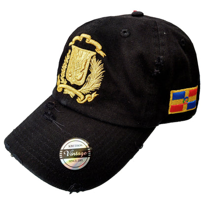 Dominican Republic Embroidered Vintage Dad Hat – Distressed Adjustable Cotton Baseball Cap with Dominican Shield Flag Peligro Sports