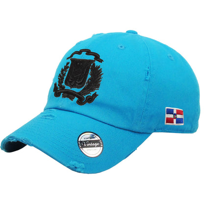 Dominican Republic Embroidered Vintage Dad Hat – Distressed Adjustable Cotton Baseball Cap with Dominican Shield Flag Peligro Sports