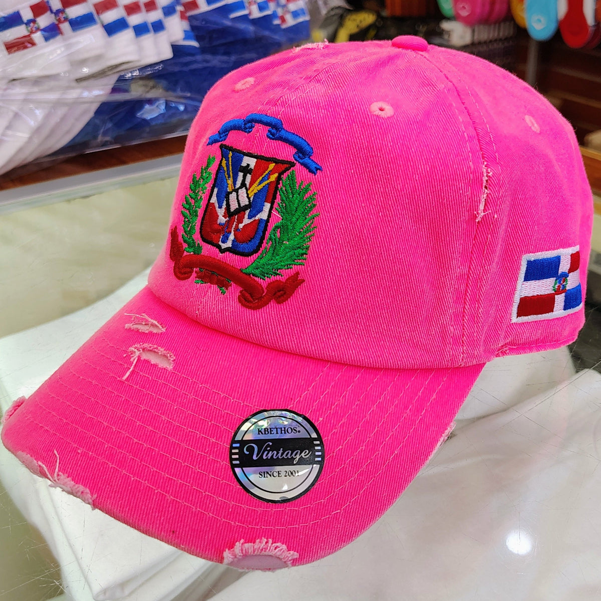 Vintage Adjustable Dominican Shield Neon Pink Hats Peligro Sports