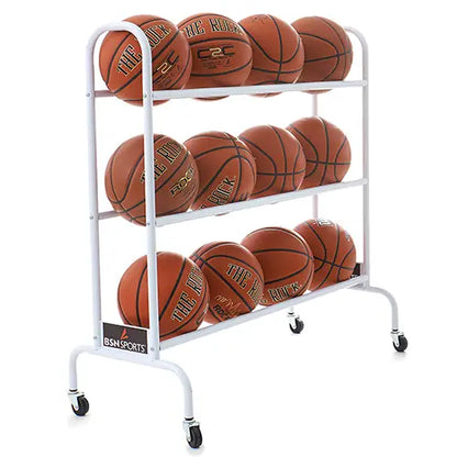 Basketball Storage Ball Cart Wide Base White Holds 12 Balls - MCI SPORTS